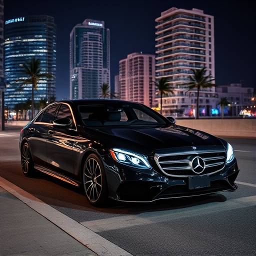 A luxurious black Mercedes-Benz S-Class sedan driving along Ocean Drive, Miami