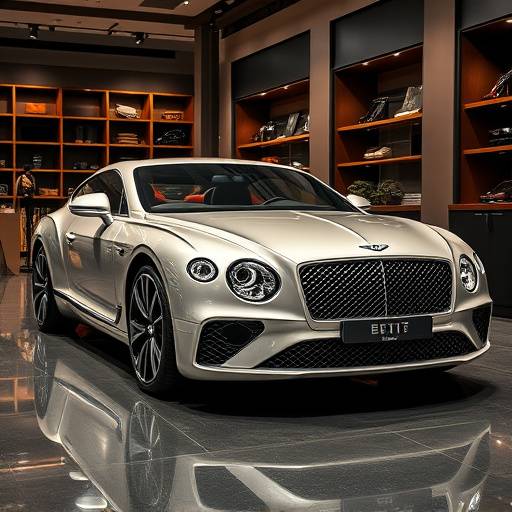 A luxurious silver Bentley Continental GT parked in front of a high-end boutique