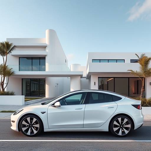 A modern white Tesla Model 3 parked in a residential area of Miami