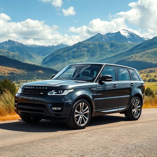 A powerful black Range Rover driving through a scenic landscape