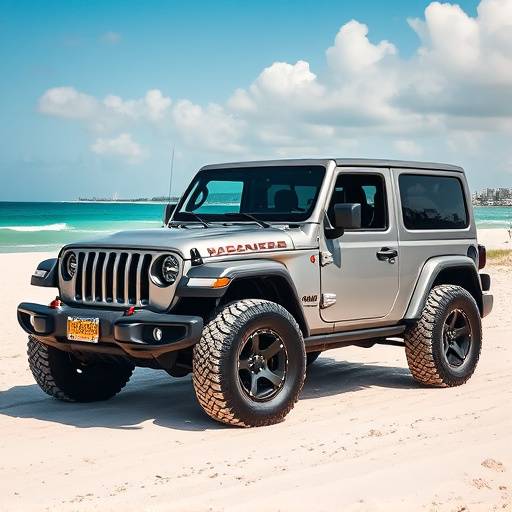 A rugged grey Jeep Wrangler parked on a sandy beach in Miami