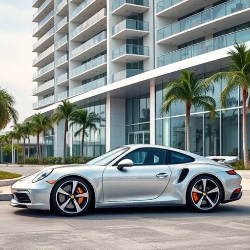 A sleek silver Porsche 911 parked in front of a modern Miami building