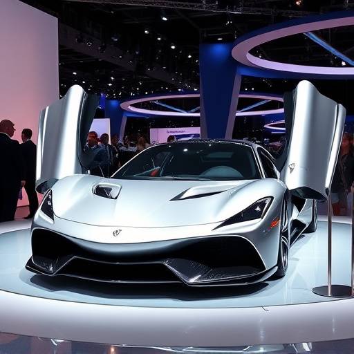 A sleek, silver sports car unveiled at the Miami Auto Show