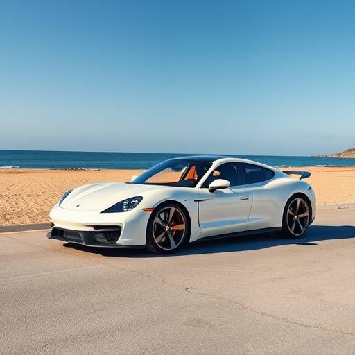 A sleek white Porsche Taycan parked near a beachfront property