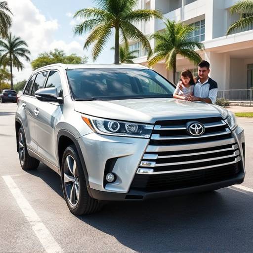 A spacious silver Toyota Highlander parked in front of a school in Miami