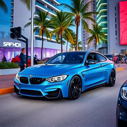 A sporty blue BMW M4 coupe parked near South Beach, Miami