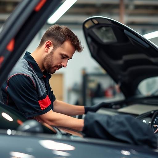 A technician using diagnostic equipment on a luxury car in the Ocean Drive Motors service center