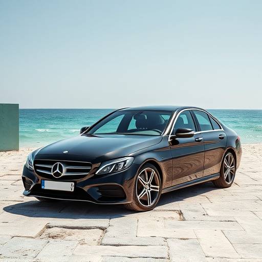 Black 2024 Mercedes-Benz C-Class Sedan parked near the beach