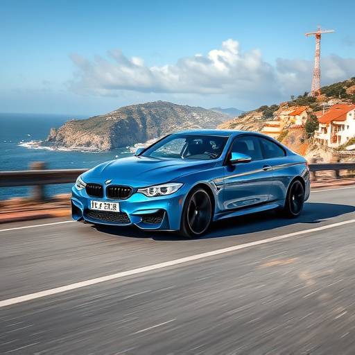 Blue BMW 3 Series driving on a coastal road