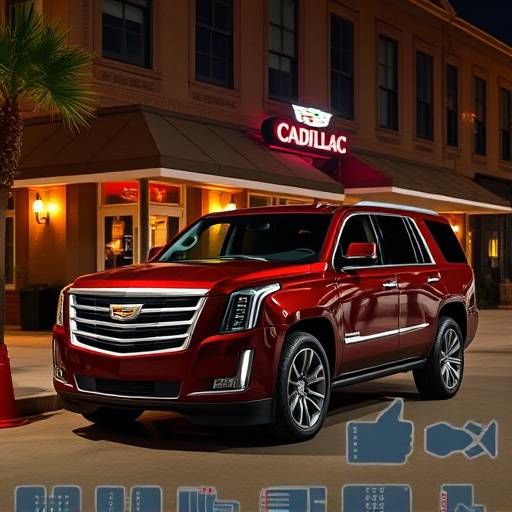 Burgundy 2020 Cadillac Escalade parked in front of a nightclub