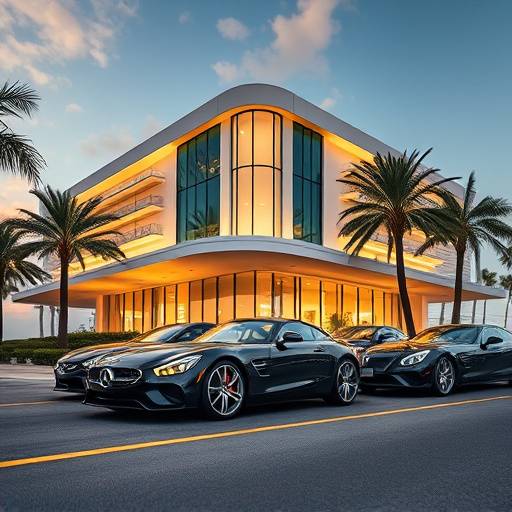 Exterior view of the Ocean Drive Motors dealership in Miami, showcasing modern architecture and luxury vehicles.