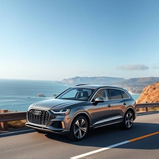 Grey 2022 Audi Q7 SUV driving along a coastal highway