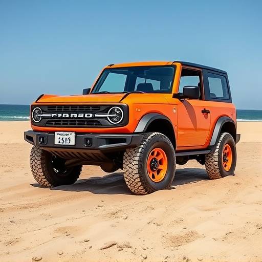 Orange 2022 Ford Bronco parked on a sandy beach