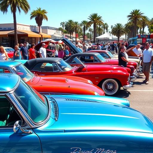 People attending a car show at Ocean Drive Motors with a display of classic cars