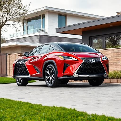 Red 2021 Lexus RX 350 parked in front of a modern house