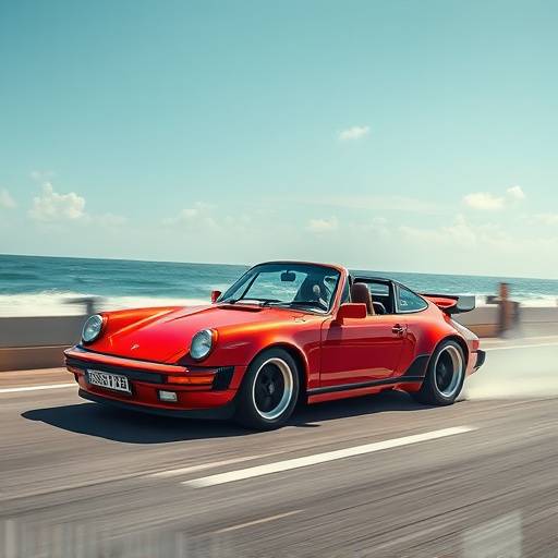 Red Porsche 911 driving along Ocean Drive