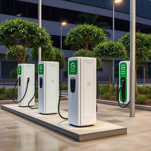 Several electric vehicle charging stations in front of the Ocean Drive Motors dealership
