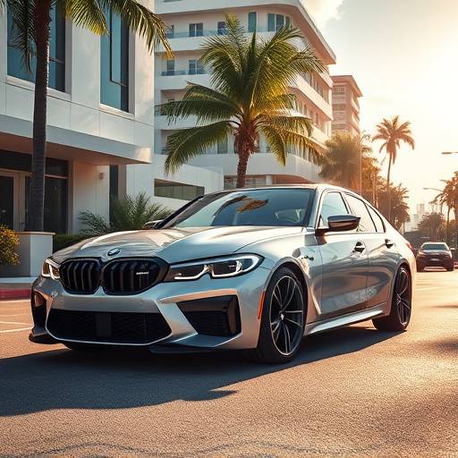 Silver 2023 BMW M3 Competition on a sunny Miami street