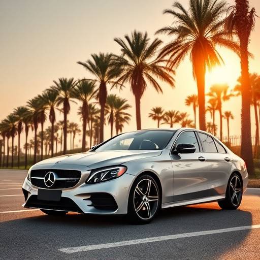 Silver Mercedes-Benz C-Class parked in front of palm trees