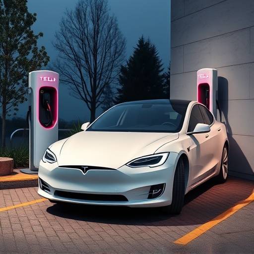 White Tesla Model S charging at a charging station