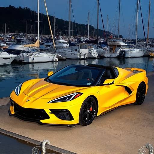 Yellow 2024 Chevrolet Corvette parked near a marina
